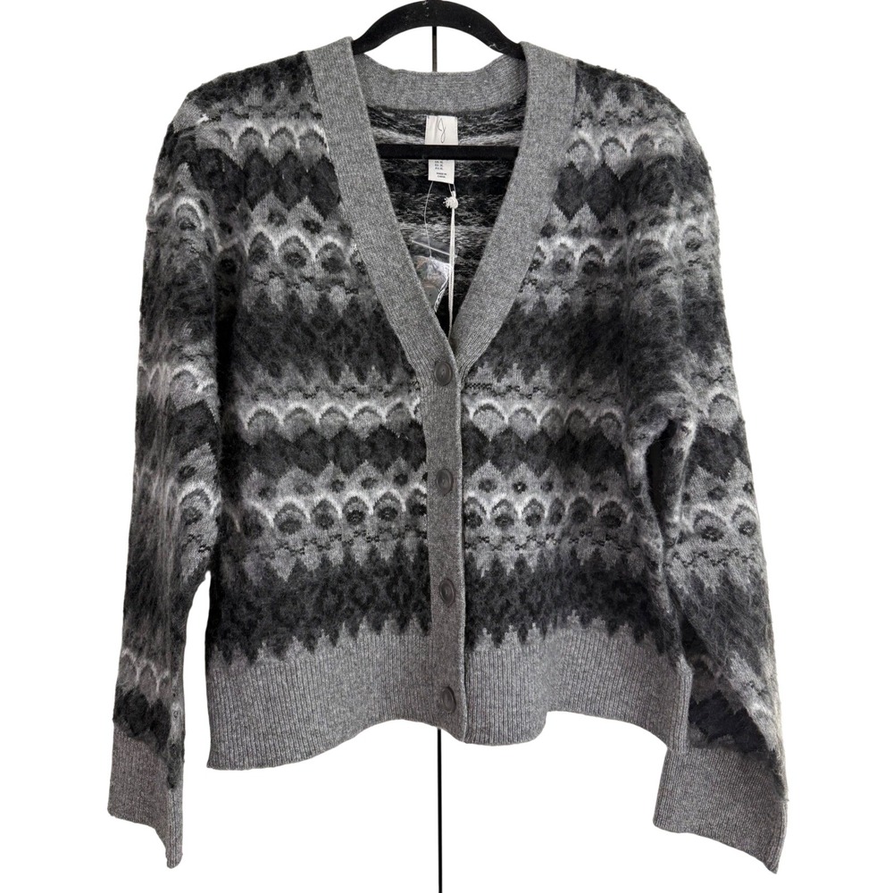 Joie Women's Grey Nordic Fair Isle Fuzzy Knit Button Front Cardigan Sweater XL